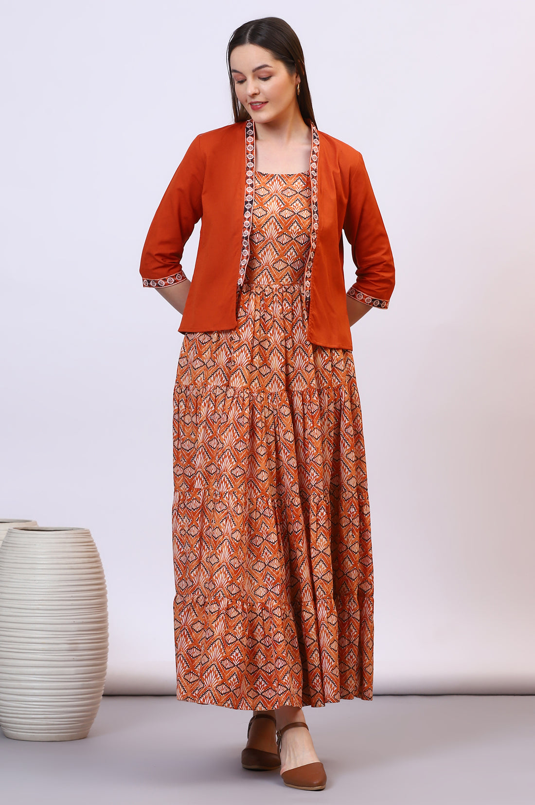 Orange Solid Front Open Cotton Flax Jacket