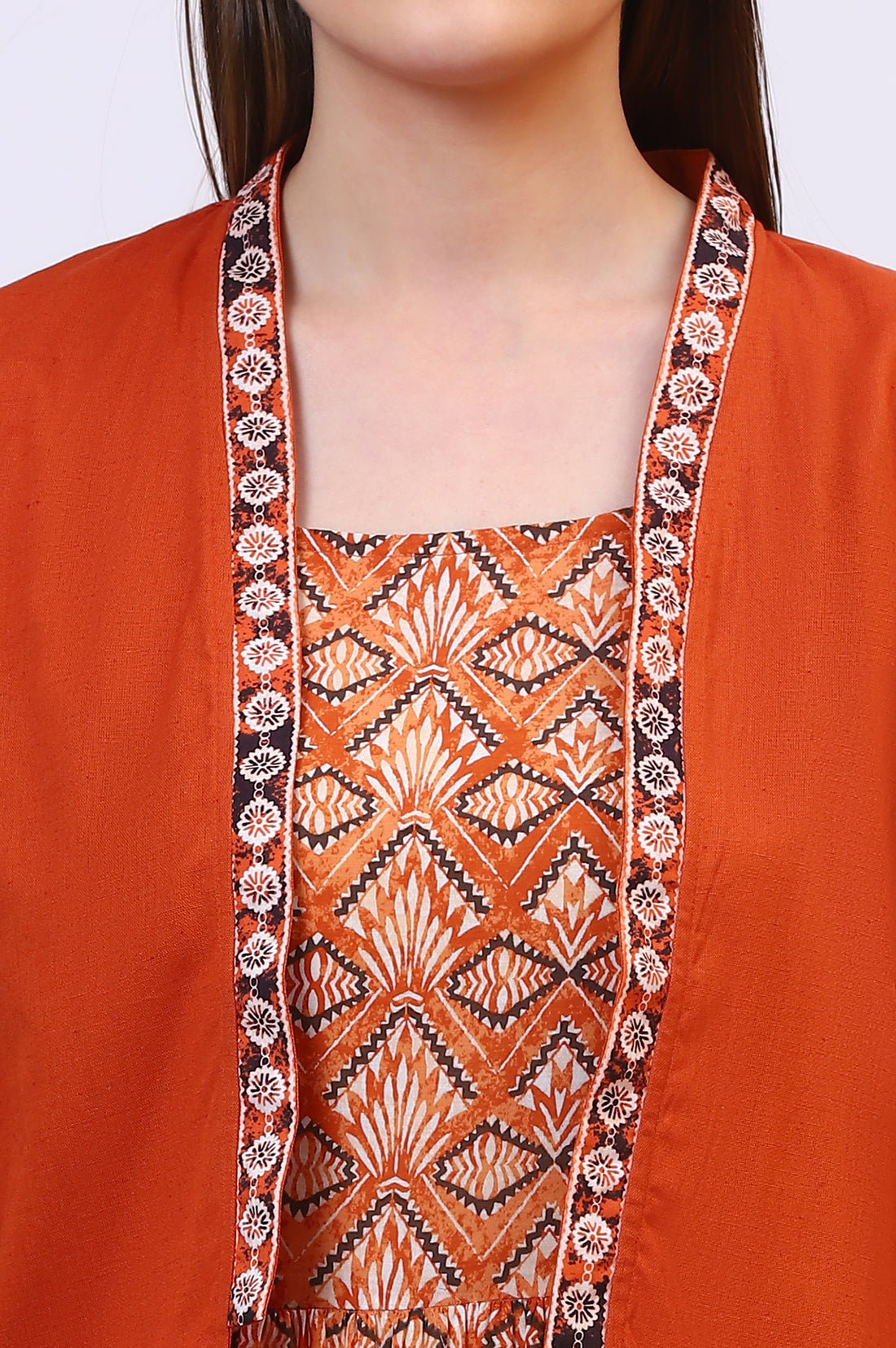 Orange Solid Front Open Cotton Flax Jacket