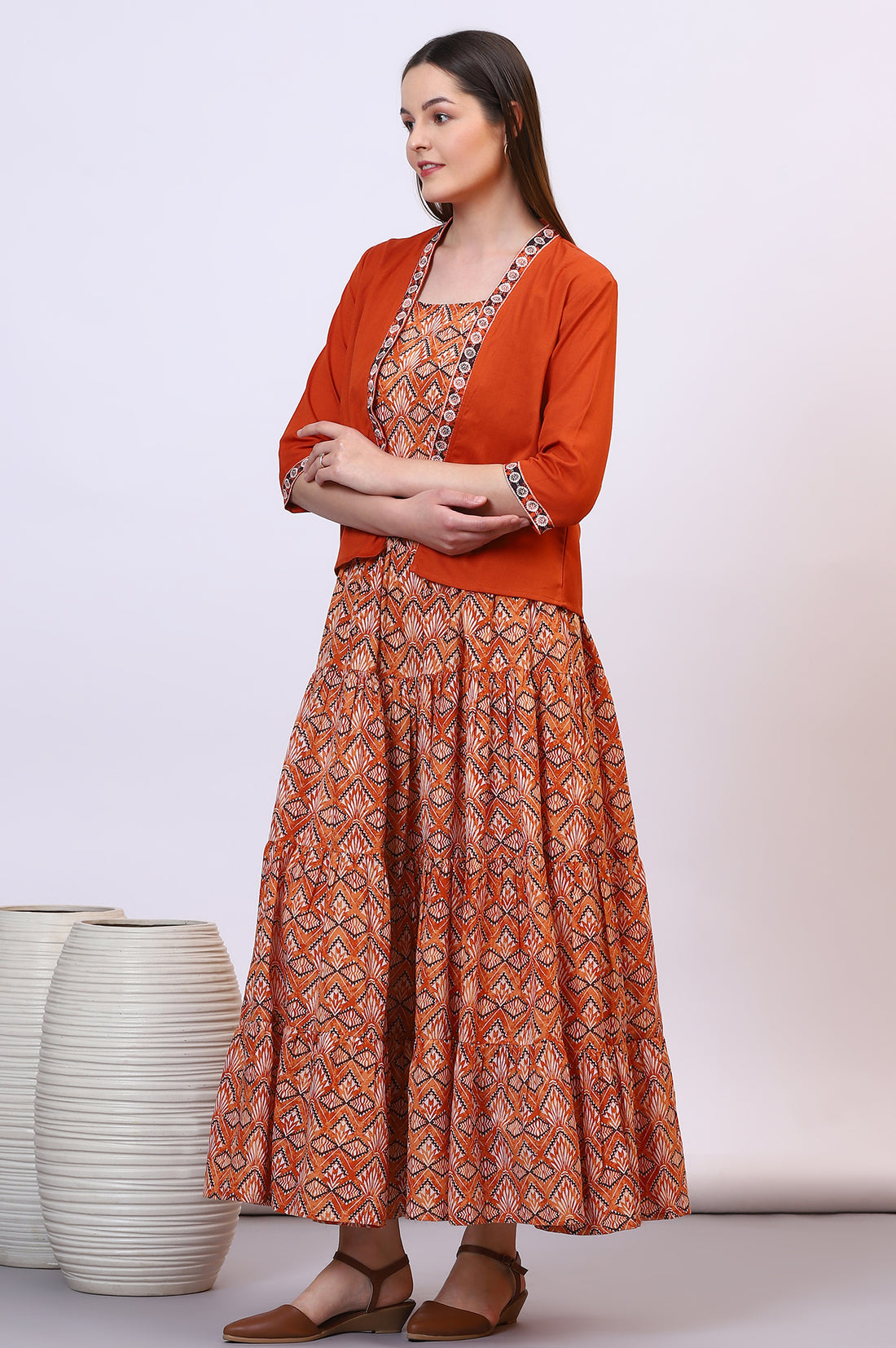 Orange Solid Front Open Cotton Flax Jacket