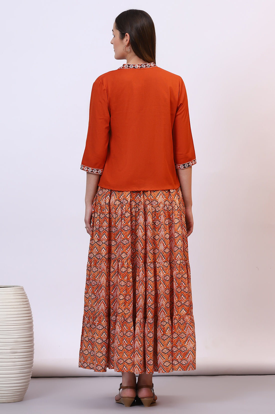 Orange Solid Front Open Cotton Flax Jacket