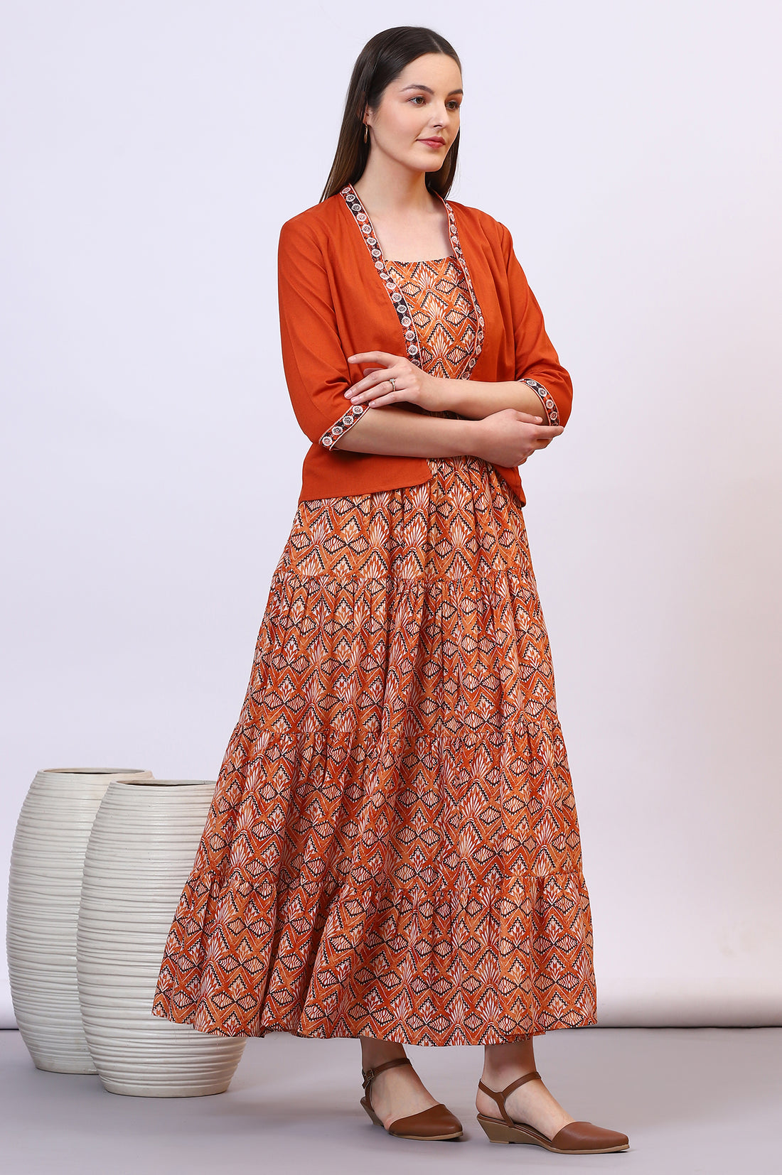 Orange Solid Front Open Cotton Flax Jacket