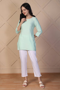 Green Textured Lace Trim Straight Twill Kurti