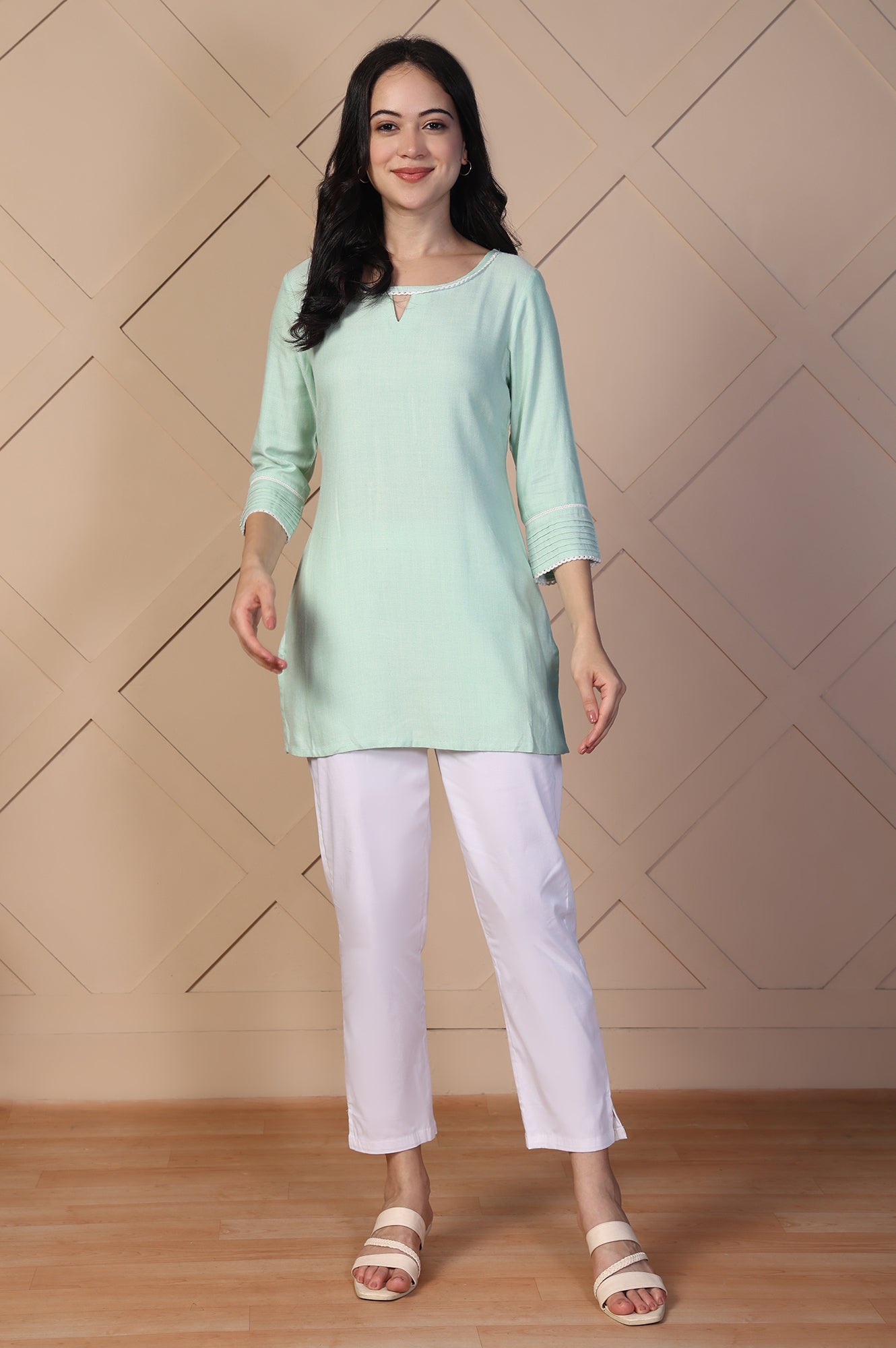 Green Textured Lace Trim Straight Twill Kurti