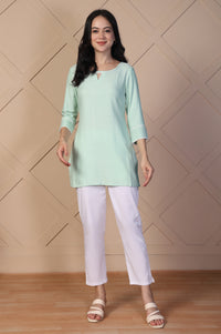Green Textured Lace Trim Straight Twill Kurti
