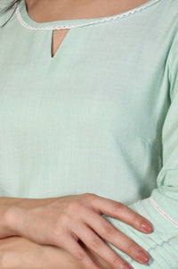 Green Textured Lace Trim Straight Twill Kurti