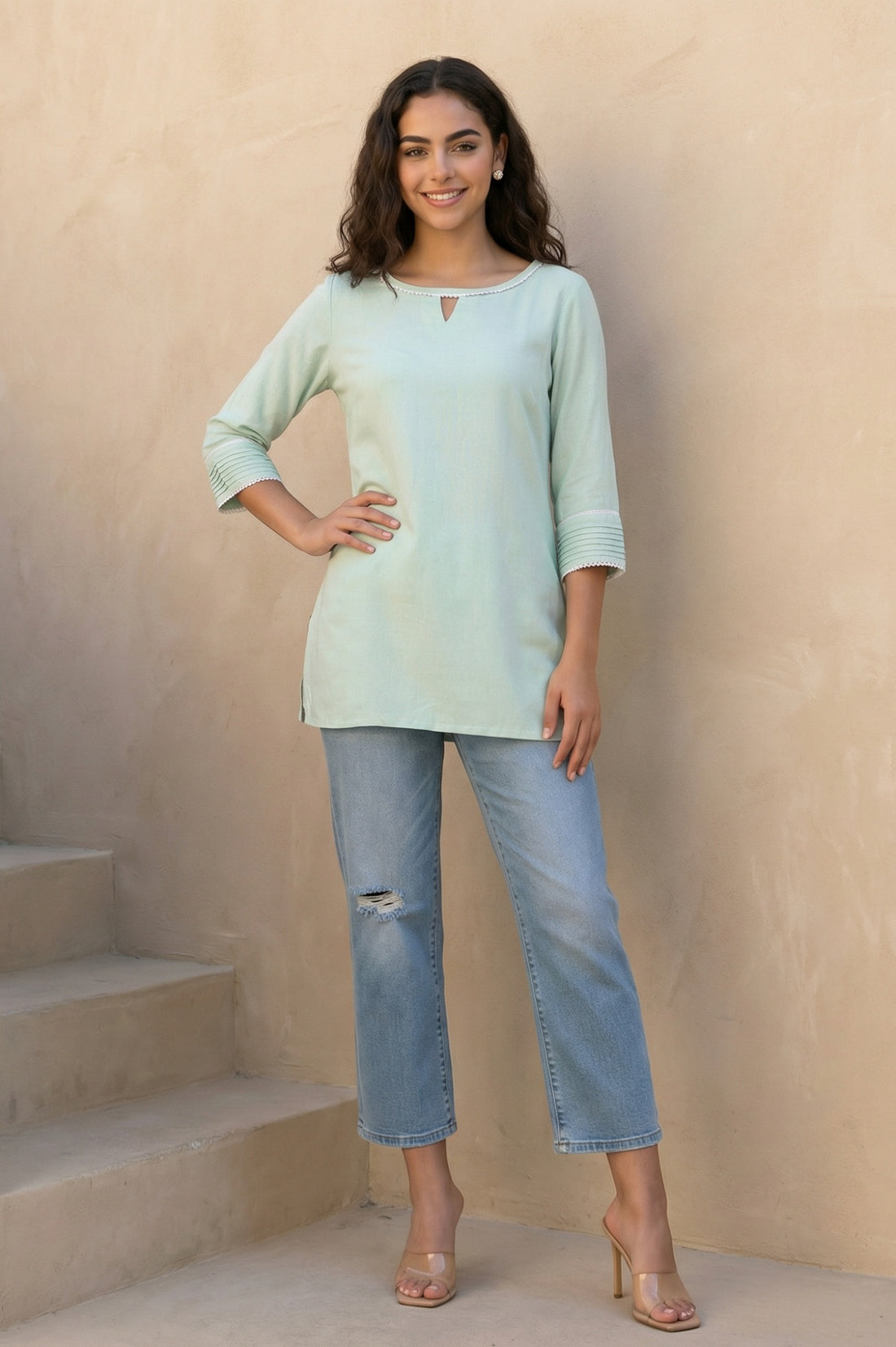 Green Textured Lace Trim Straight Twill Kurti