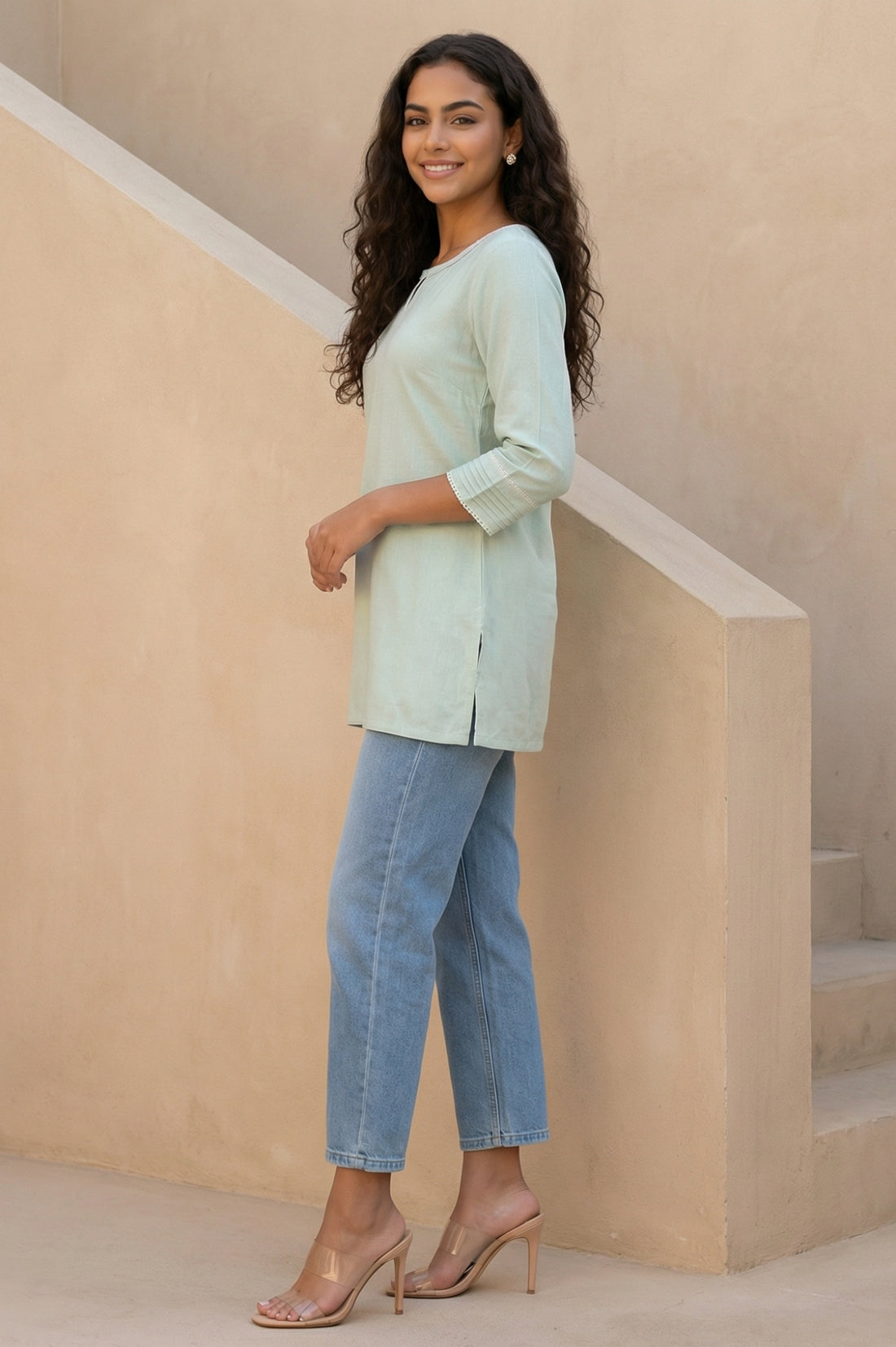 Green Textured Lace Trim Straight Twill Kurti