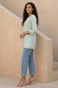 Green Textured Lace Trim Straight Twill Kurti