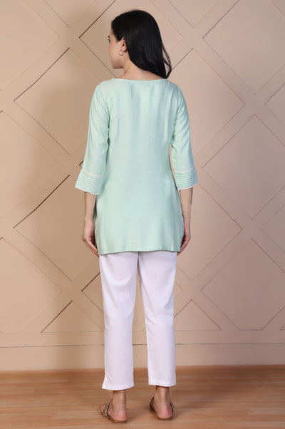 Green Textured Lace Trim Straight Twill Kurti
