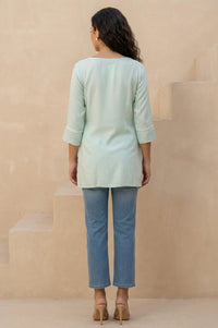 Green Textured Lace Trim Straight Twill Kurti