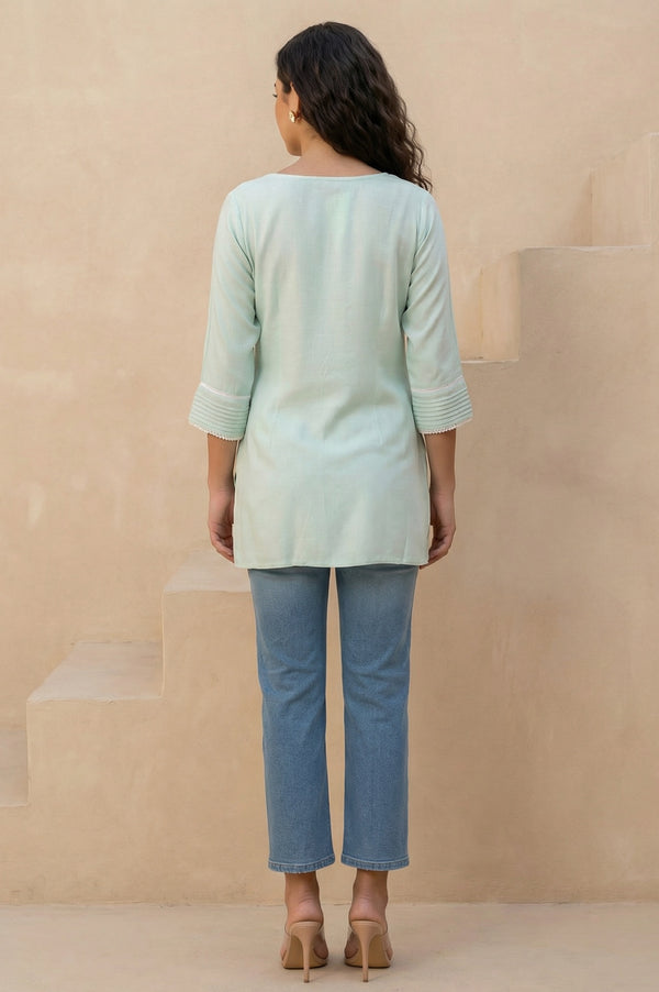 Green Textured Lace Trim Straight Twill Kurti