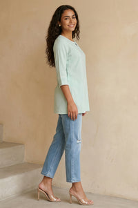 Green Textured Lace Trim Straight Twill Kurti