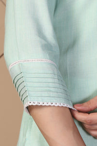 Green Textured Lace Trim Straight Twill Kurti