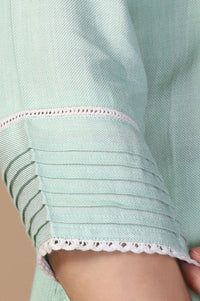 Green Textured Lace Trim Straight Twill Kurti