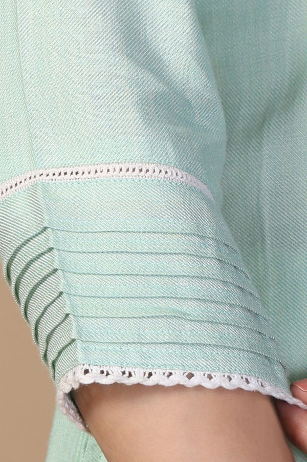 Green Textured Lace Trim Straight Twill Kurti