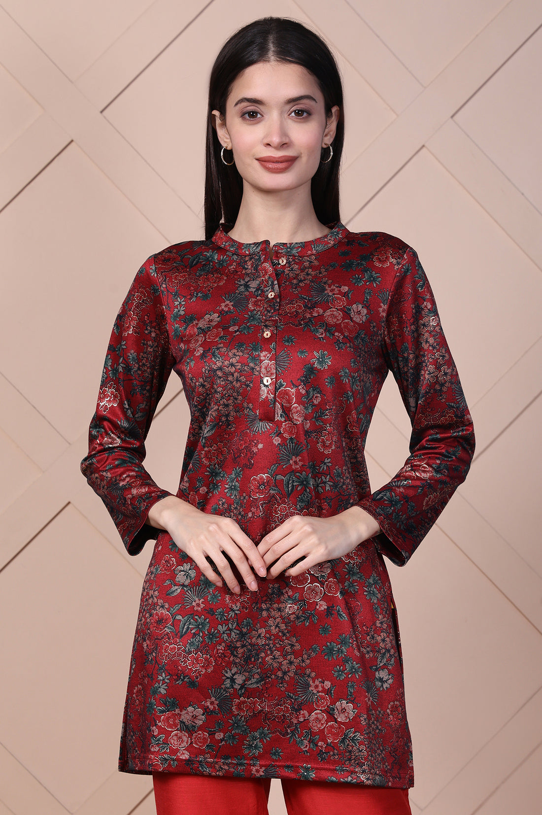 Red Floral Printed Jacquard Straight Kurta