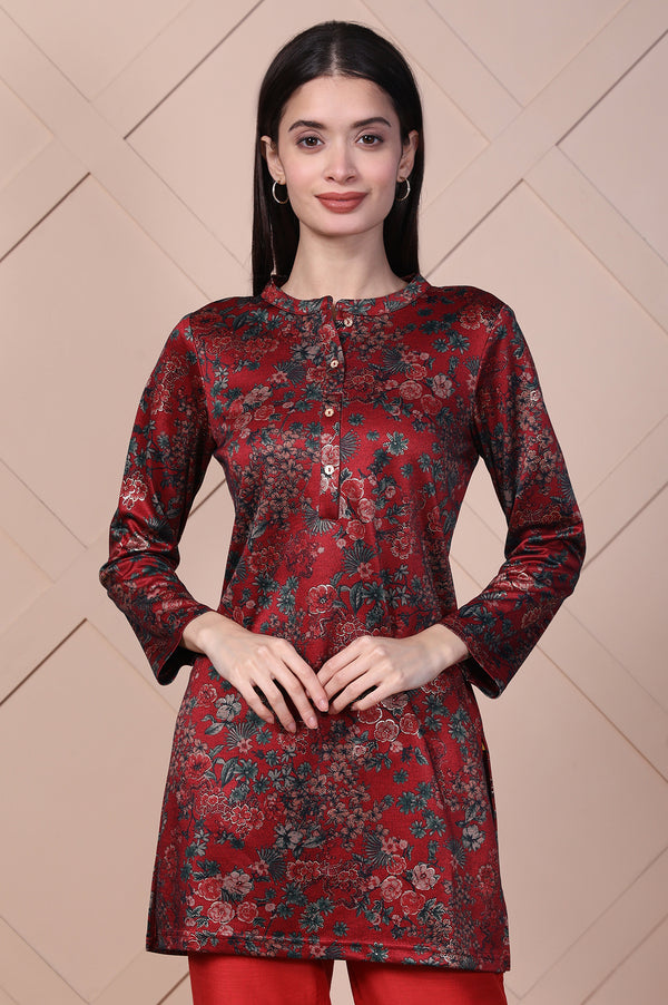 Red Floral Printed Jacquard Straight Kurta