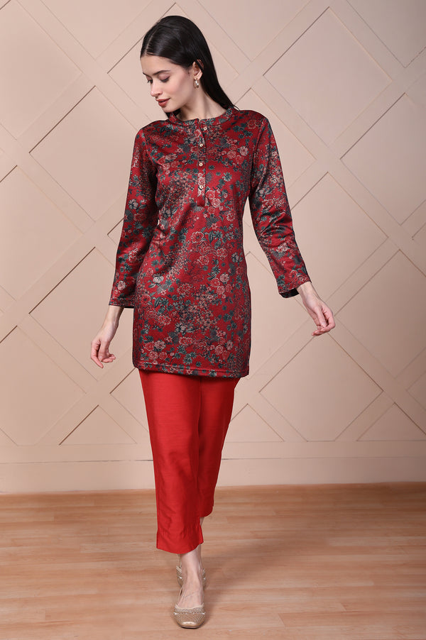 Red Floral Printed Jacquard Straight Kurta