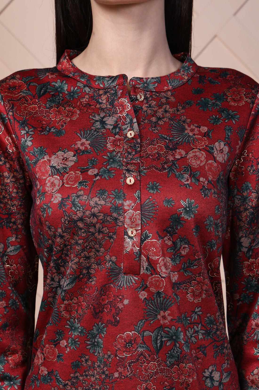Red Floral Printed Jacquard Straight Kurta
