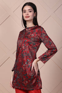 Red Floral Printed Jacquard Straight Kurta