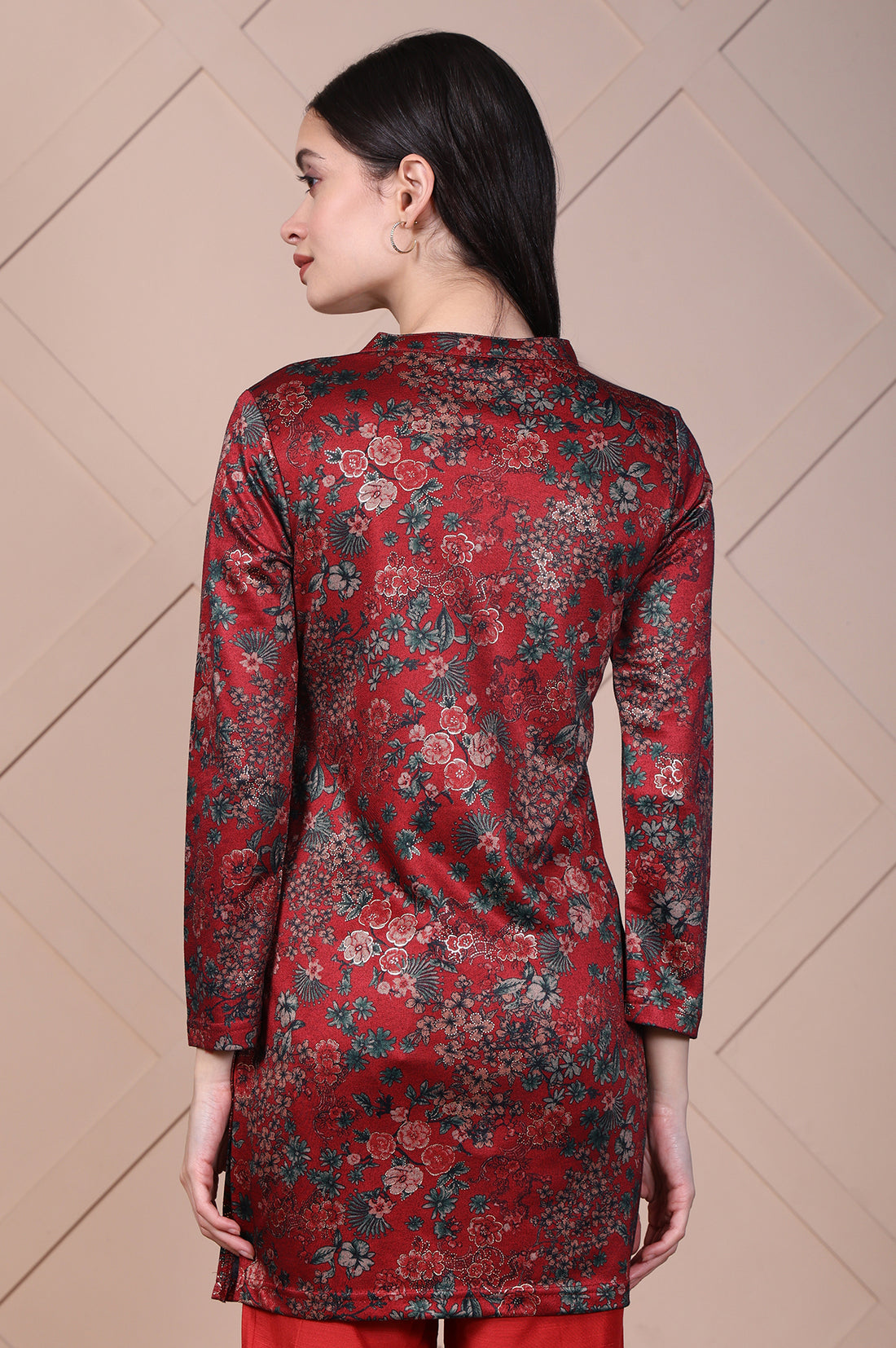 Red Floral Printed Jacquard Straight Kurta