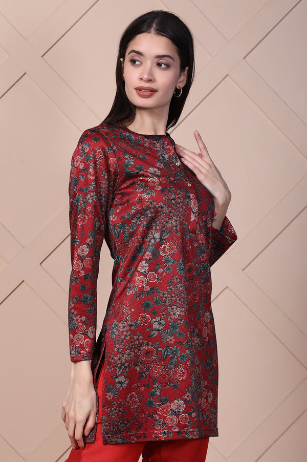 Red Floral Printed Jacquard Straight Kurta