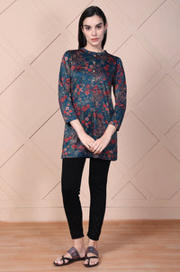 Blue Floral Printed Jacquard Straight Kurta
