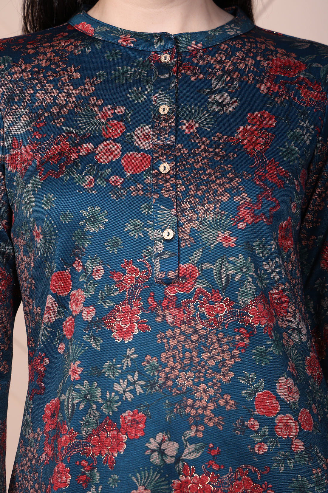 Blue Floral Printed Jacquard Straight Kurta