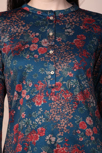 Blue Floral Printed Jacquard Straight Kurta