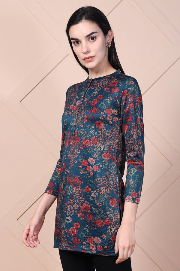 Blue Floral Printed Jacquard Straight Kurta