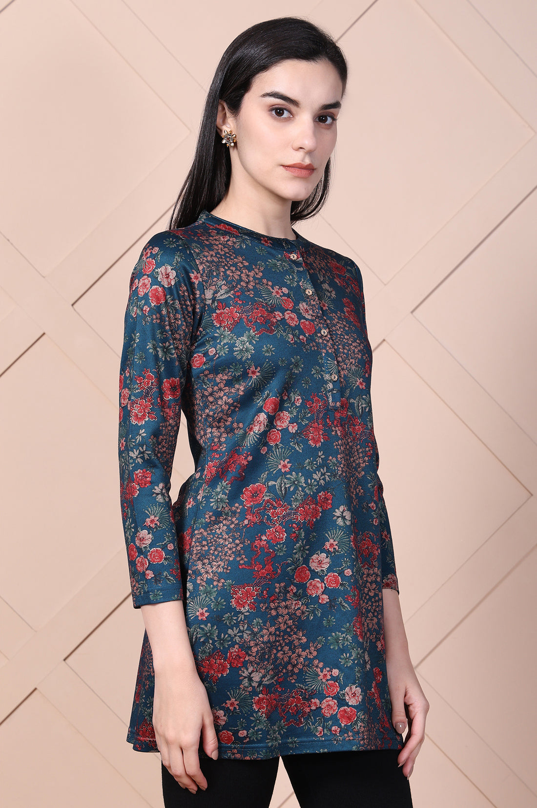 Blue Floral Printed Jacquard Straight Kurta