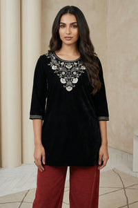 Black Embroidered Velvet Straight Top for Winter