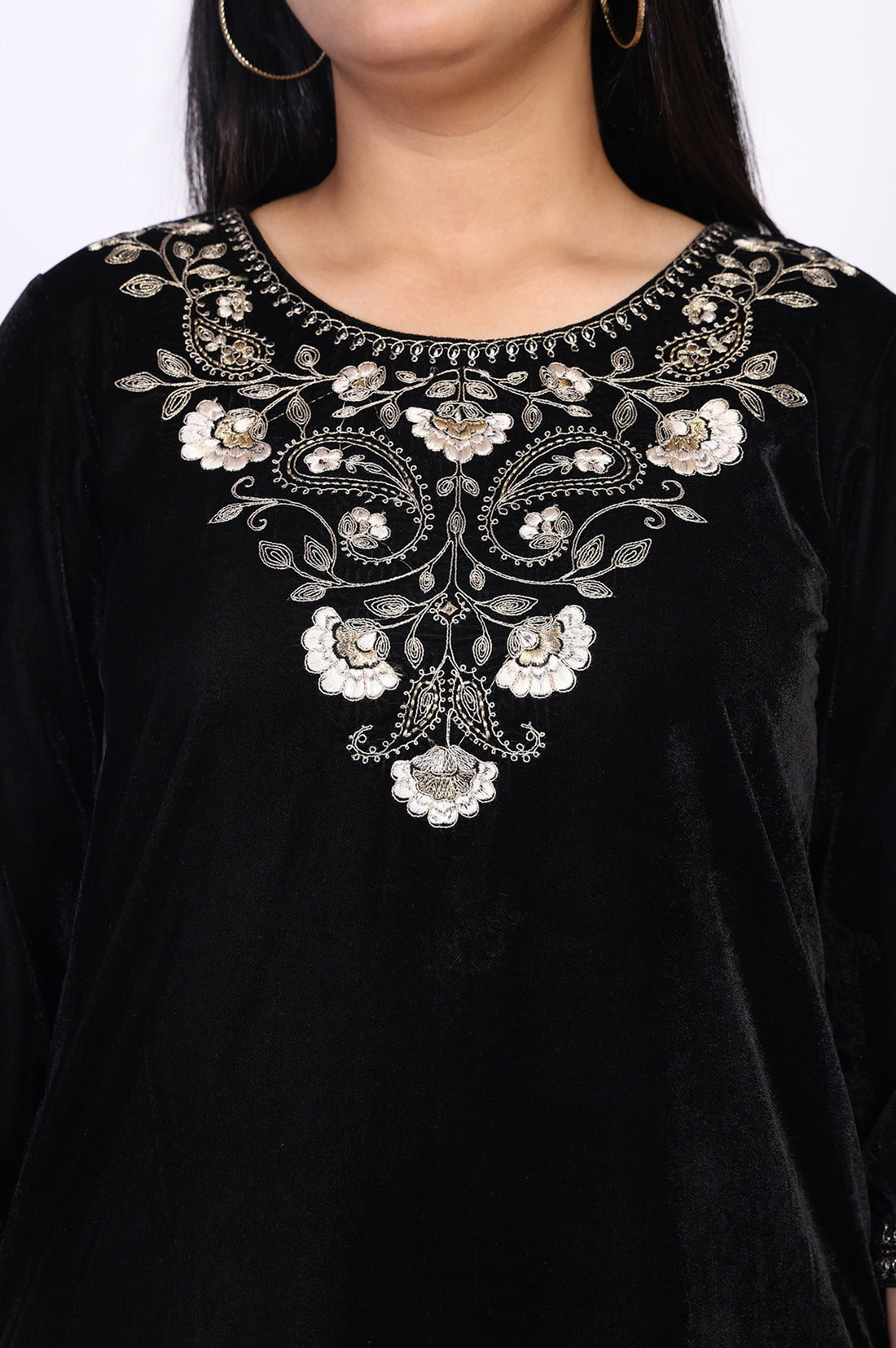Black Embroidered Velvet Straight Top for Winter