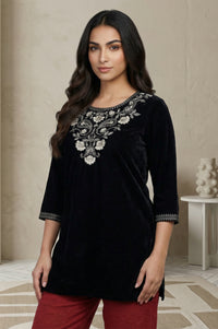 Black Embroidered Velvet Straight Top for Winter