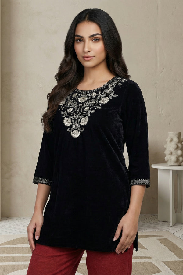 Black Embroidered Velvet Straight Top for Winter