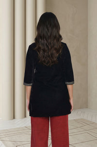Black Embroidered Velvet Straight Top for Winter