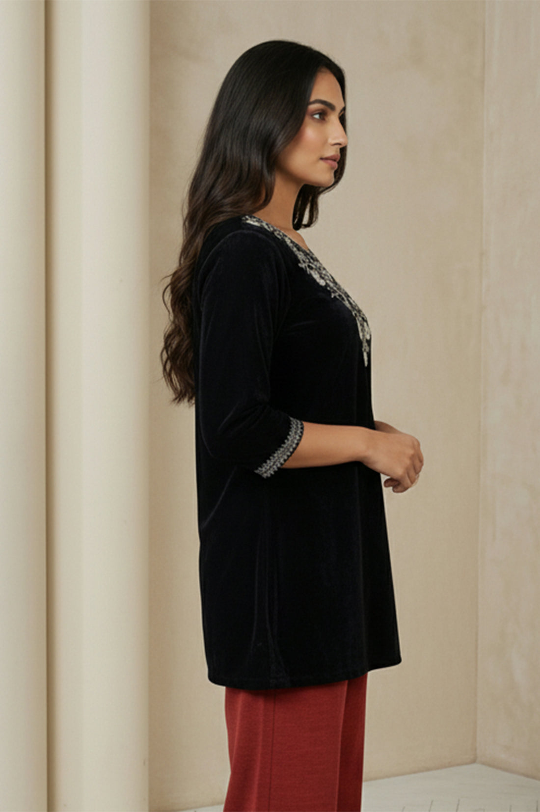Black Embroidered Velvet Straight Top for Winter