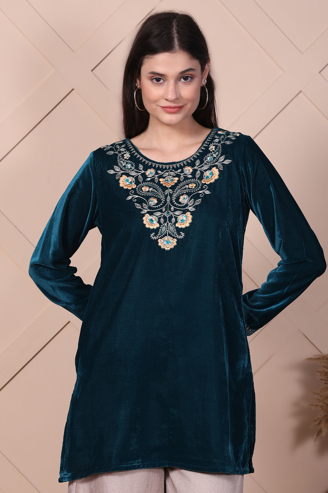 Teal Embroidered Velvet Straight Top