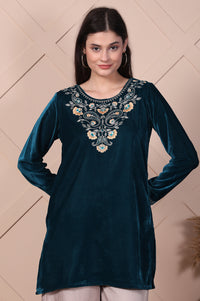 Teal Embroidered Velvet Straight Top