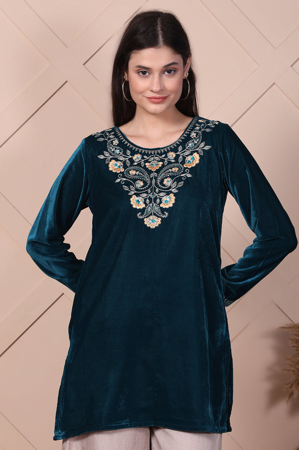 Teal Embroidered Velvet Straight Top