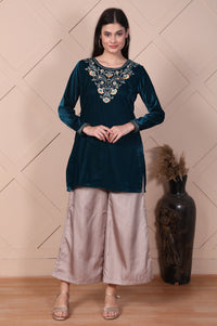 Teal Embroidered Velvet Straight Top