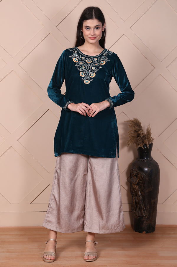 Teal Embroidered Velvet Straight Top