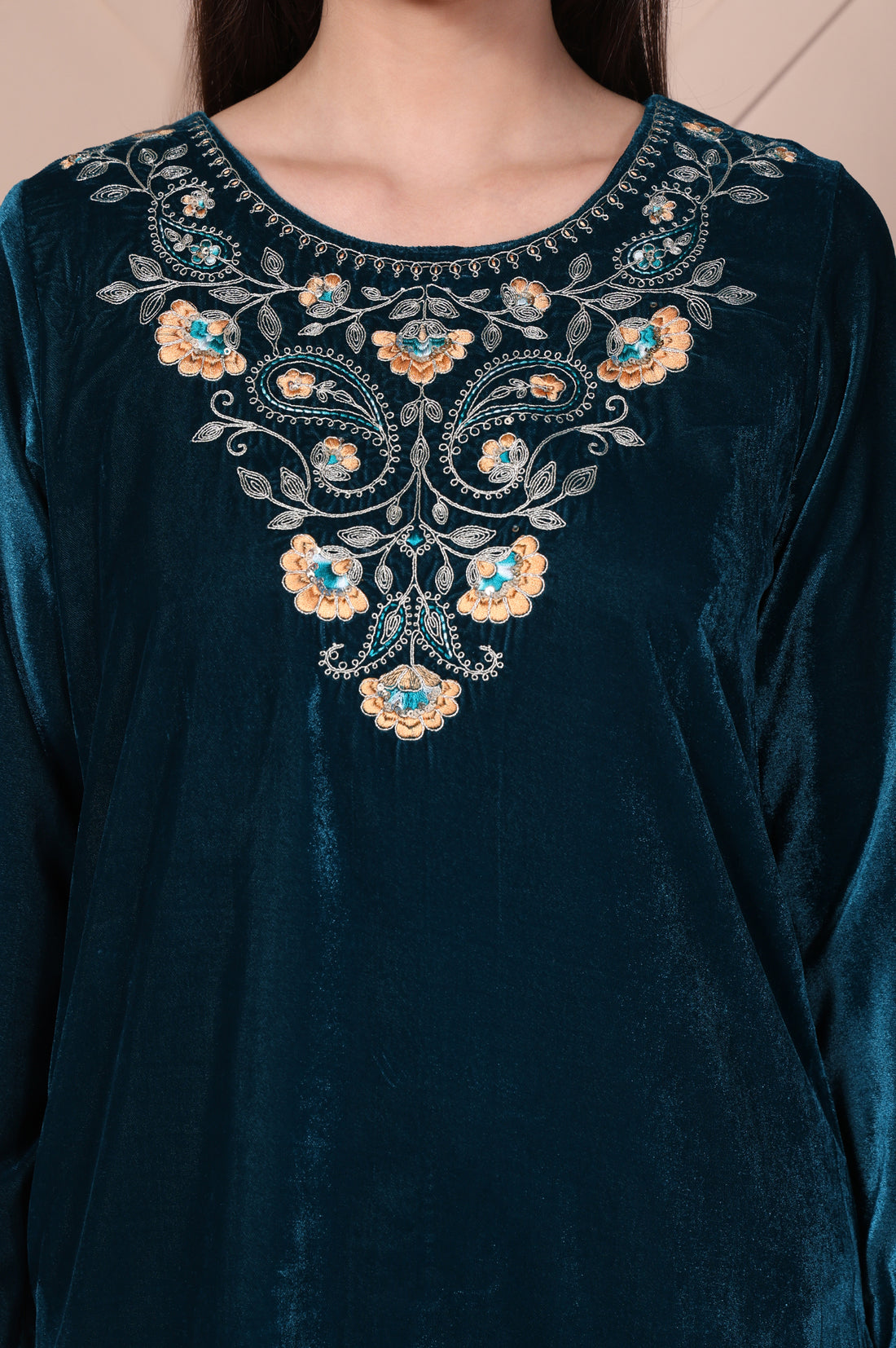 Teal Embroidered Velvet Straight Top