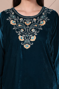 Teal Embroidered Velvet Straight Top