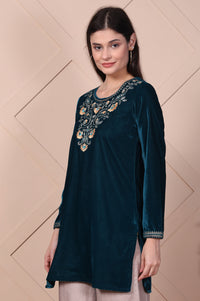 Teal Embroidered Velvet Straight Top