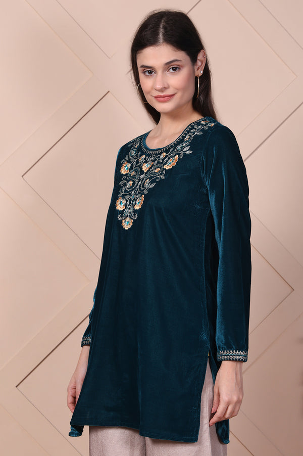 Teal Embroidered Velvet Straight Top