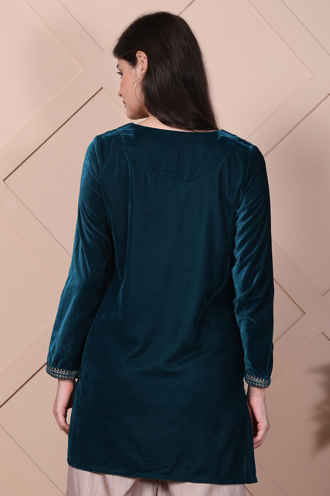 Teal Embroidered Velvet Straight Top