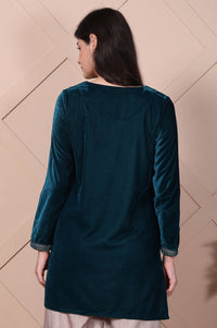 Teal Embroidered Velvet Straight Top