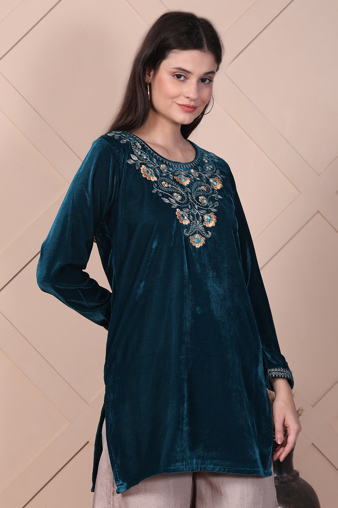 Teal Embroidered Velvet Straight Top