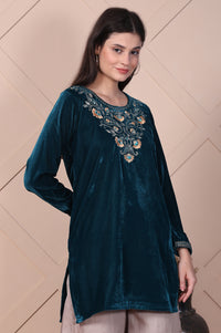 Teal Embroidered Velvet Straight Top
